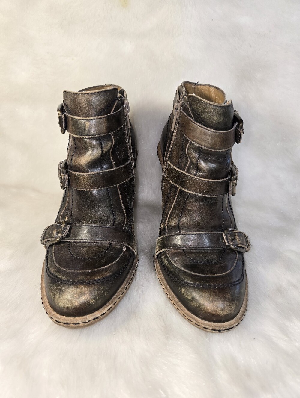 Schuler & Sons Side Zip Triple Buckle Heel Distressed Ankle Boot - Picture 4 of 16